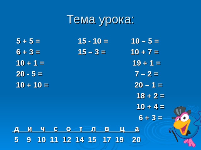 Тема урока:  5 + 5 = 15 - 10 = 10 – 5 =  6 + 3 = 15 – 3 = 10 + 7 =  10 + 1 = 19 + 1 =  20 - 5 = 7 – 2 =  10 + 10 = 20 – 1 =   18 + 2 =  10 + 4 =  6 + 3 =  д  и  ч  с о т л в  ц а  5 9 10 11 12 14 15 17 19 20