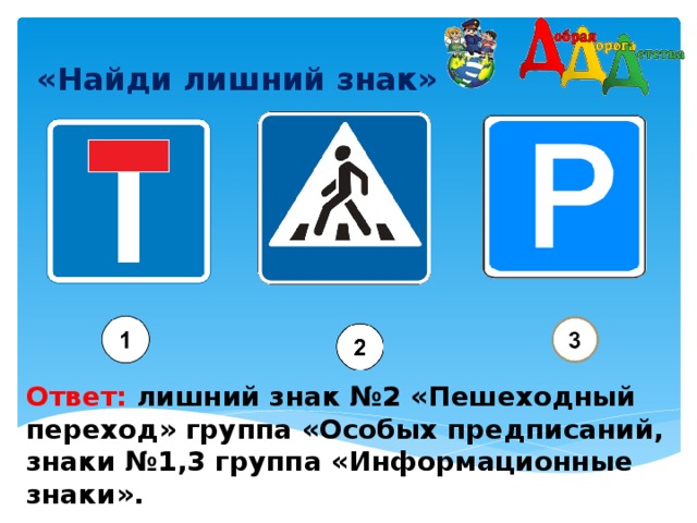 «Найди лишний знак»    Ответ: лишний знак №2 «Пешеходный переход» группа «Особых предписаний, знаки №1,3 группа «Информационные знаки».