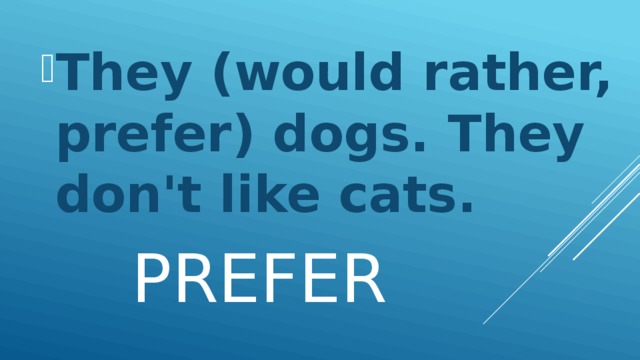 They (would rather, prefer) dogs. They don't like cats.