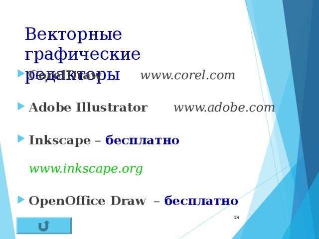 Векторные  графические редакторы CorelDraw    www.corel.com Adobe Illustrator    www.adobe.com Inkscape –  бесплатно  www.inkscape.org OpenOffice Draw –  бесплатно