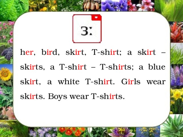 h er , b ir d, sk ir t, T-sh ir t; a sk ir t – sk ir ts, a T-sh ir t – T-sh ir ts; a blue sk ir t, a white T-sh ir t. G ir ls wear sk ir ts. Boys wear T-sh ir ts.