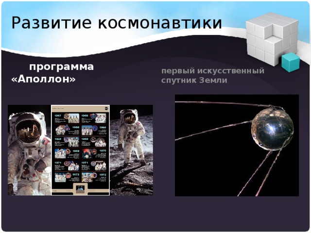 Развитие космонавтики  программа «Аполлон» первый искусственный спутник Земли