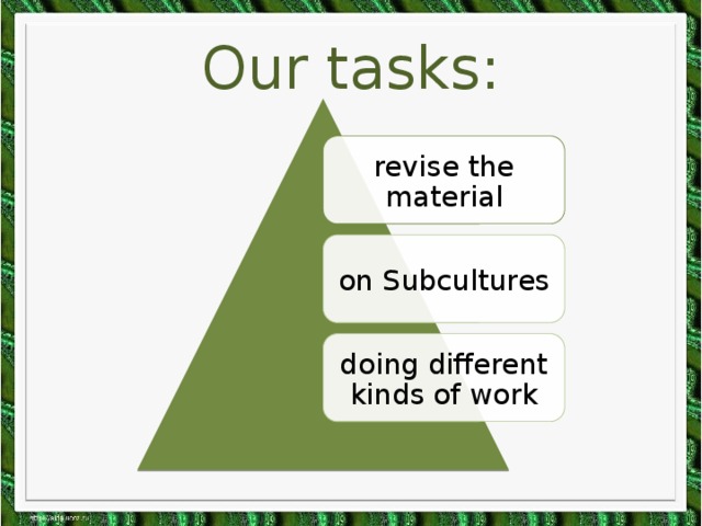 Our tasks: revise the material on Subcultures doing different kinds of work