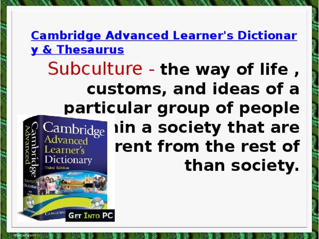   Cambridge Advanced Learner's Dictionary & Thesaurus Subculture -  the way of life , customs, and ideas of a particular group of people within a society that are different from the rest of than society.