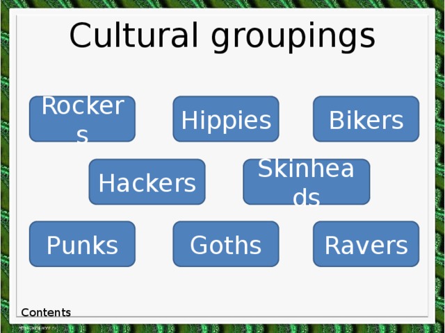 Cultural groupings Rockers Hippies Bikers Hackers Skinheads Punks Ravers Goths Contents