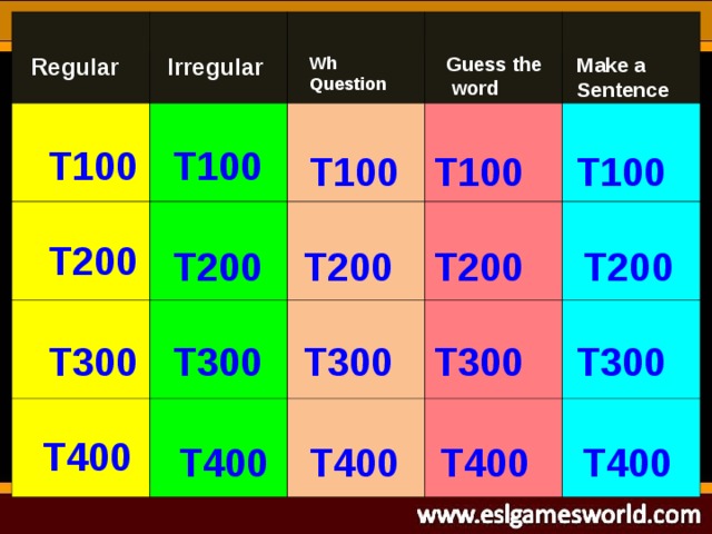 Irregular Regular Make a Sentence Guess the word Wh Question T100 T100 T100 T100 T100 T200 T200 T200 T200 T200 T300 T300 T300 T300 T300 T400 T400 T400 T400 T400