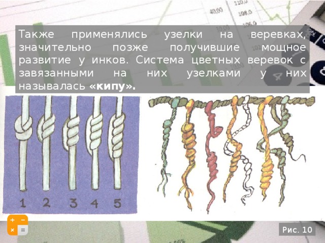 Также применялись узелки на веревках, значительно позже получившие мощное развитие у инков. Система цветных веревок с завязанными на них узелками у них называлась  «кипу». Рис. 10