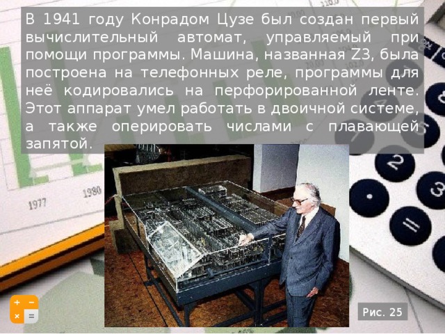 В 1941 году Конрадом Цузе был создан первый вычислительный автомат, управляемый при помощи программы. Машина, названная Z3, была построена на телефонных реле, программы для неё кодировались на перфорированной ленте. Этот аппарат умел работать в двоичной системе, а также оперировать числами с плавающей запятой. Рис. 25