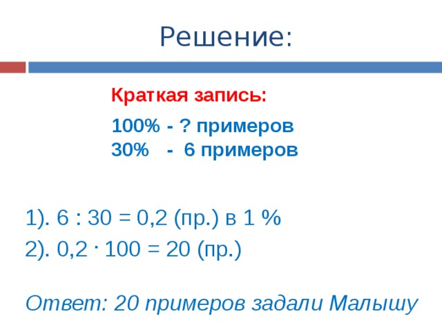 Решение: Краткая запись:  100% - ? примеров 30% - 6 примеров 1). 6 : 30 = 0,2 (пр.) в 1 % 2). 0,2 . 100 = 20 (пр.) Ответ: 20 примеров задали Малышу