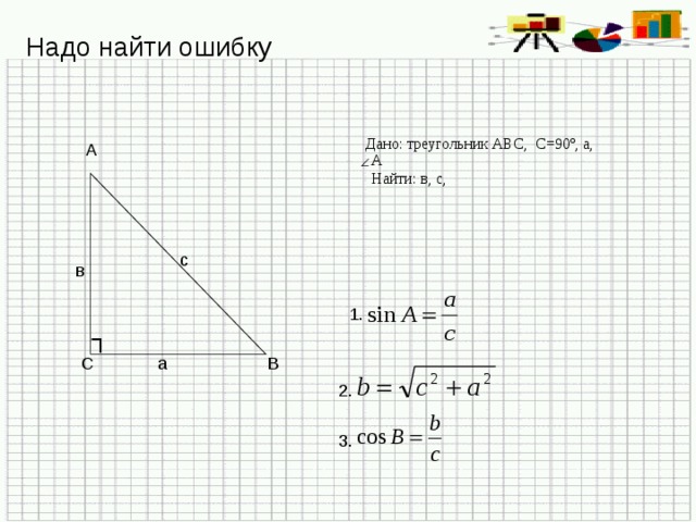 Надо найти ошибку Дано: треугольник АВС, С=90º, а, А А Найти: в, с, с в 1. ┐  а В С 2. 3.