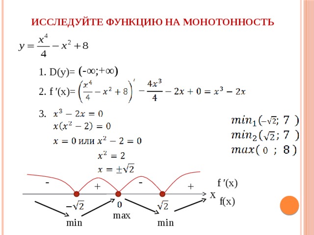 Исследуйте функцию на монотонность (- ∞;+∞) 1. D(y)= 2. f ′(x)= 3. - - f ′(x) + + x f(x) max min min