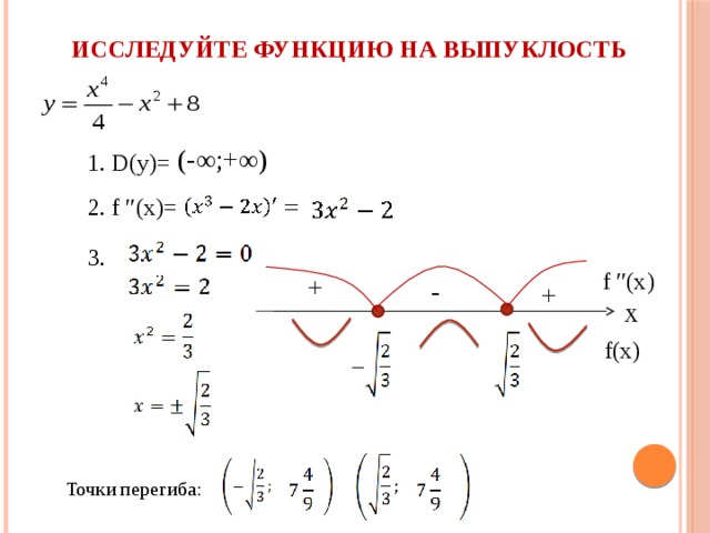 Исследуйте функцию на выпуклость (- ∞;+∞) 1. D(y)= 2. f ′′(x)= 3. f ′′(x) + - + x f(x) Точки перегиба: