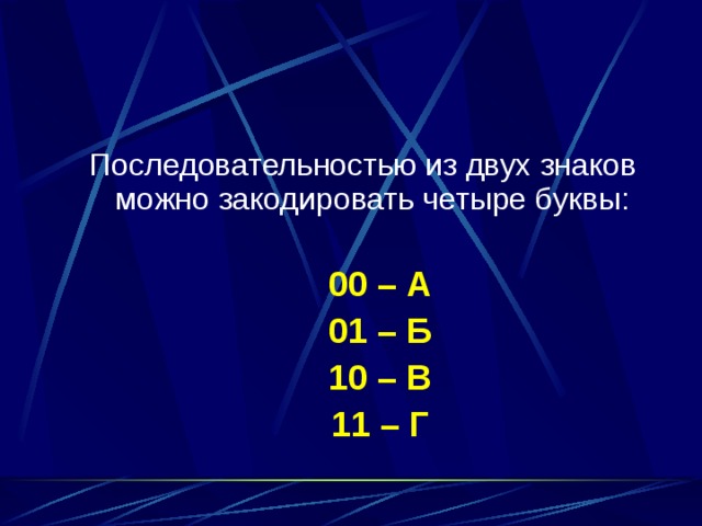 Последовательностью из двух знаков можно закодировать четыре буквы: 00 – А 01 – Б 10 – В 11 – Г