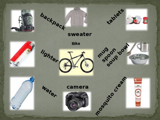 backpack lighter water tablets mug spoon soup bowl mosquito cream sweater Bike camera 13