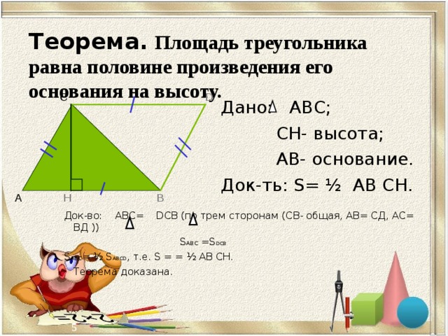 Теорема.  Площадь треугольника равна половине произведения его основания на высоту. С D Дано: АВС;  СН- высота;  АВ- основание. Док-ть: S= ½ АВ СН. Н А В Док-во: АВС= DСВ (по трем сторонам (СВ- общая, АВ= СД, АС= ВД ))  S АВС =S DСВ  S АВС = ½ S АBCD , т.е. S = = ½ АВ СН.       Теорема доказана. 4 5
