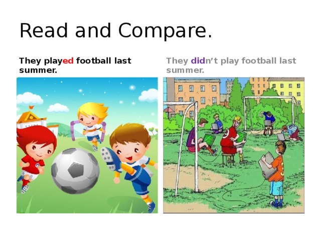 Read and Compare. They play ed football last summer. They did n’t play football last summer.