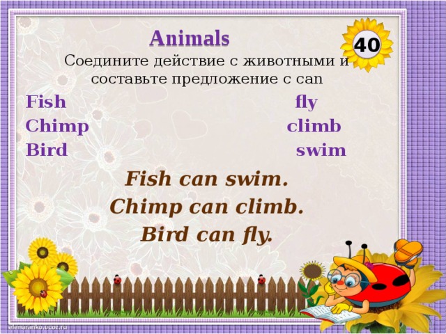 Animals 40 Соедините действие с животными и составьте предложение с can Fish fly Chimp climb Bird swim Fish can swim. Chimp can climb. Bird can fly.