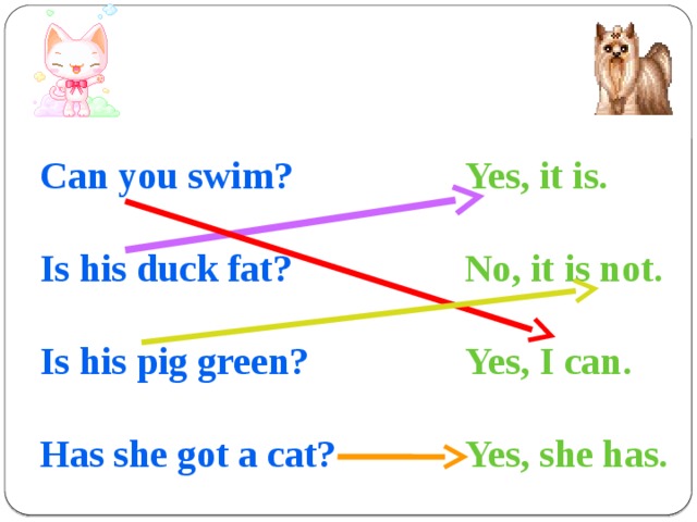 Can you swim? Yes, it is.   Is his duck fat? No, it is not.   Yes, I can. Is his pig green?   Has she got a cat? Yes, she has.