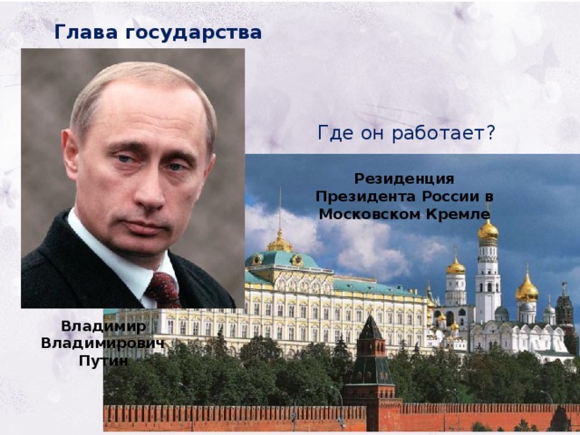 Глава государства Где он работает? Резиденция Президента России в Московском Кремле Владимир Владимирович Путин