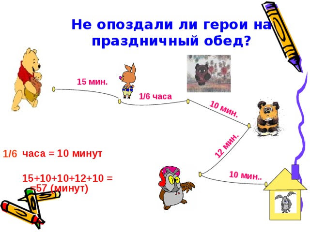 10 мин. 12 мин. 10 мин.. Не опоздали ли герои на праздничный обед? 15 мин. часа  1/6 часа = 10 минут  15+10+10+12+10 = =57 (минут)    часа = 10 минут  15+10+10+12+10 = =57 (минут)      часа = 10 минут  15+10+10+12+10 = =57 (минут)      часа = 10 минут  15+10+10+12+10 = =57 (минут)      часа = 10 минут  15+10+10+12+10 = =57 (минут)   1/6