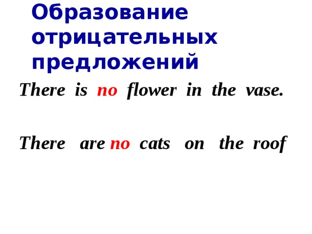 Образование отрицательных  предложений   There is no flower in the vase.  There are no cats on the roof