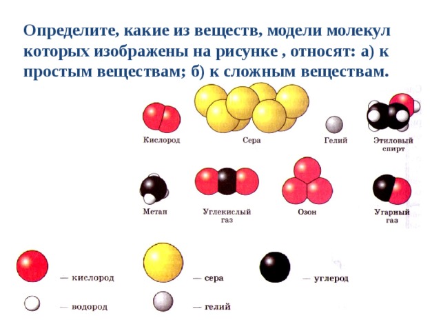 Определите, какие из веществ, модели молекул которых изображены на рисунке , относят: а) к простым веществам; б) к сложным веществам.