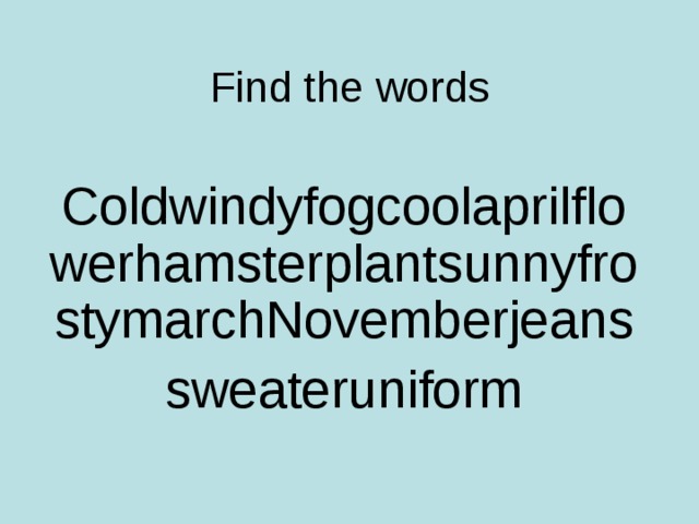 Find the words ColdwindyfogcoolaprilflowerhamsterplantsunnyfrostymarchNovemberjeans sweateruniform