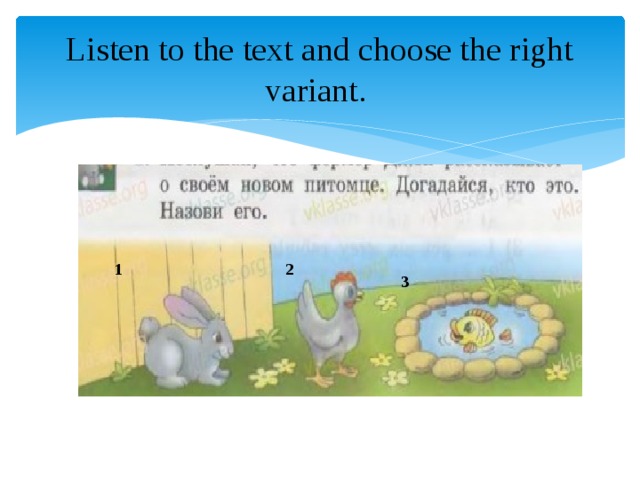 Listen to the text and choose the right variant. 1 2 3