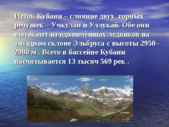 Исток Кубани – слияние двух горных речушек – Учкулан и Уллукай. Обе они вытекают из одноимённых ледников на западном склоне Эльбруса с высоты 2950–2980 м . Всего в бассейне Кубани насчитывается 13 тысяч 569 рек .
