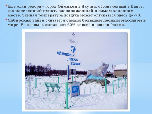 Еще один рекорд – город Оймякон в Якутии, обозначенный в Книге, как населенный пункт, расположенный в самом холодном месте . Зимняя температура воздуха может опускаться здесь до -70. Сибирская тайга считается самым большим лесным массивом в мире . Ее площадь составляет 60% от всей площади России.