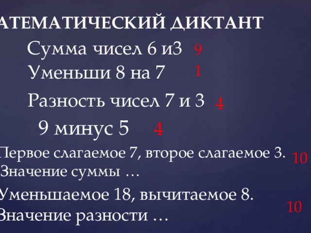 МАТЕМАТИЧЕСКИЙ ДИКТАНТ Сумма чисел 6 и3 9 Уменьши 8 на 7 1 Разность чисел 7 и 3 4 9 минус 5 4 Первое слагаемое 7, второе слагаемое 3.  Значение суммы … 10 Уменьшаемое 18, вычитаемое 8. Значение разности … 10