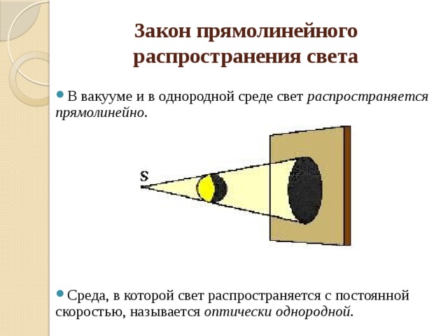 Закон прямолинейного распространения света В вакууме и в однородной среде свет распространяется прямолинейно.