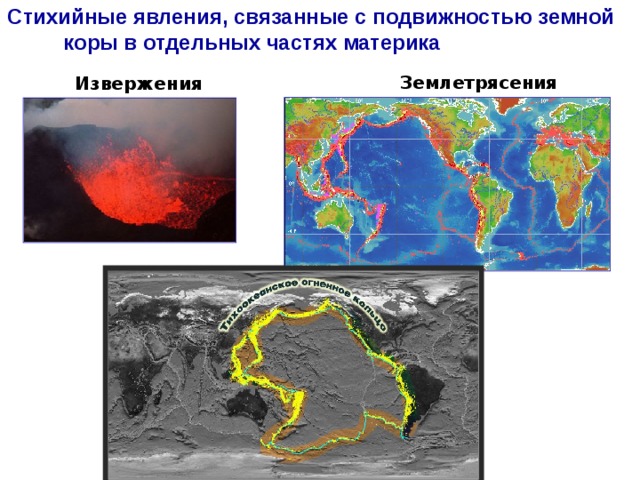 Стихийные явления, связанные с подвижностью земной коры в отдельных частях материка   Землетрясения Извержения вулканов