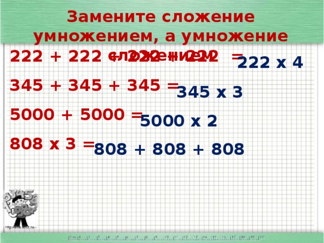 Замените сложение умножением, а умножение сложением 222 + 222 + 222 + 222 = 345 + 345 + 345 = 5000 + 5000 = 808 х 3 =     222 х 4 345 х 3 5000 х 2 808 + 808 + 808