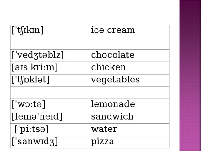 [ˈtʃɪkɪn]     ice cream [ ˈv e dʒtəbl z ] chocolate [aɪs kriːm] chicken [ˈtʃɒklət] vegetables     [ˈwɔːtə] lemonade [leməˈneɪd ] sandwich   [ˈpiːtsə] water [ˈsanwɪdʒ] pizza