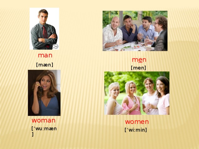 man  m e n  [mæn] [men] woman women [‘wu:mæn] [‘wi:min]