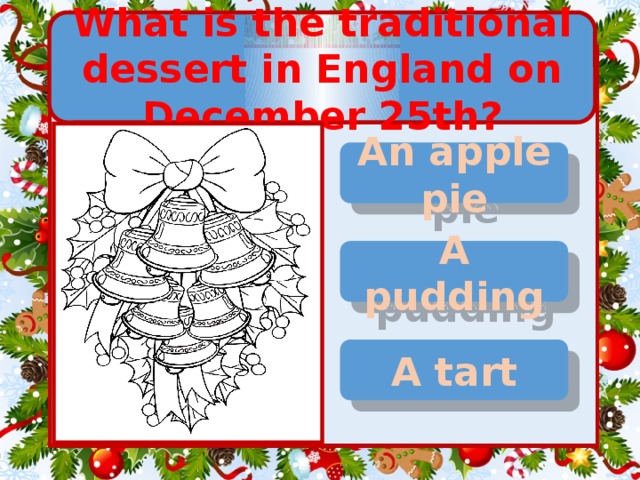What is the traditional dessert in England on December 25th? An apple pie A pudding A tart