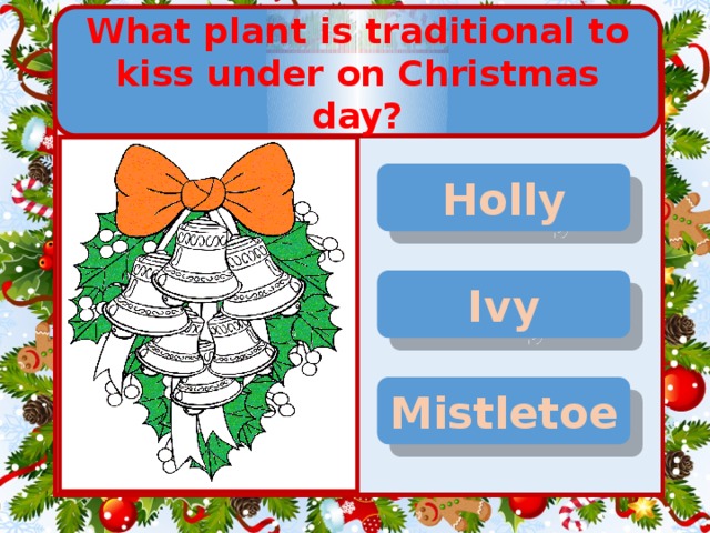 What plant is traditional to kiss under on Christmas day? Holly Ivy Mistletoe