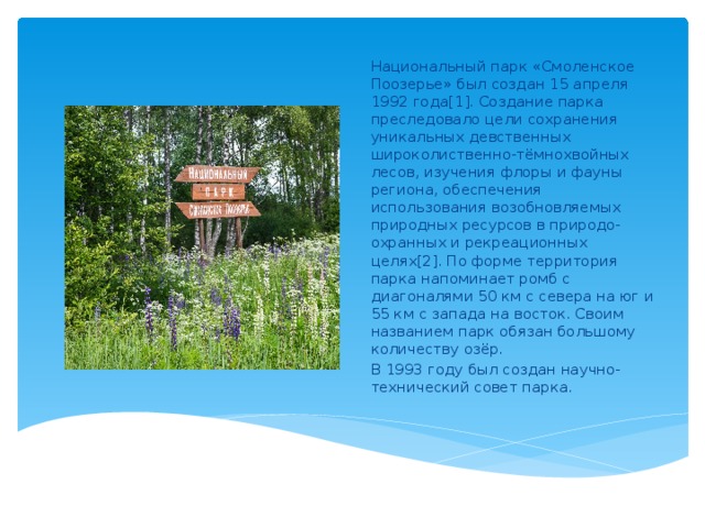 Национальный парк «Смоленское Поозерье» был создан 15 апреля 1992 года[1]. Создание парка преследовало цели сохранения уникальных девственных широколиственно-тёмнохвойных лесов, изучения флоры и фауны региона, обеспечения использования возобновляемых природных ресурсов в природо-охранных и рекреационных целях[2]. По форме территория парка напоминает ромб с диагоналями 50 км с севера на юг и 55 км с запада на восток. Своим названием парк обязан большому количеству озёр. В 1993 году был создан научно-технический совет парка.