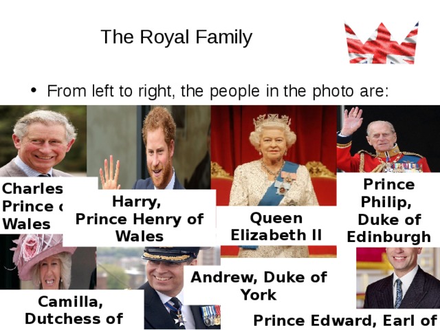 The Royal Family From left to right, the people in the photo are: Prince Philip, Duke of Edinburgh Charles, Prince of Wales Harry, Prince Henry of Wales Queen Elizabeth II Andrew, Duke of York Camilla,  Dutchess of Cornwall Prince Edward, Earl of Wessex