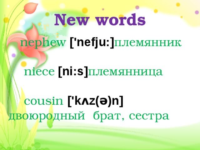 New words  nephew ['nefju:] племянник    niece [ni:s] племянница    cousin ['kʌz(ə)n] двоюродный брат, сестра 