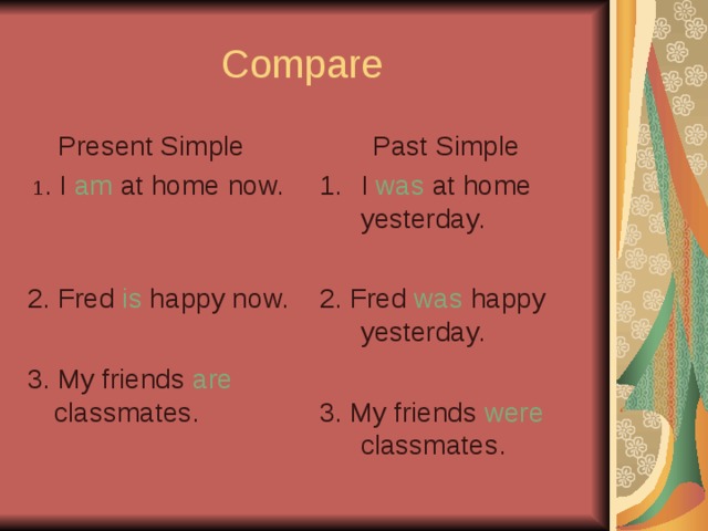 Compare  Present Simple  1 . I am at home now.  Past Simple I was at home yesterday.  2. Fred is happy now. 2. Fred was happy yesterday. 3. My friends are classmates. 3. My friends were classmates.