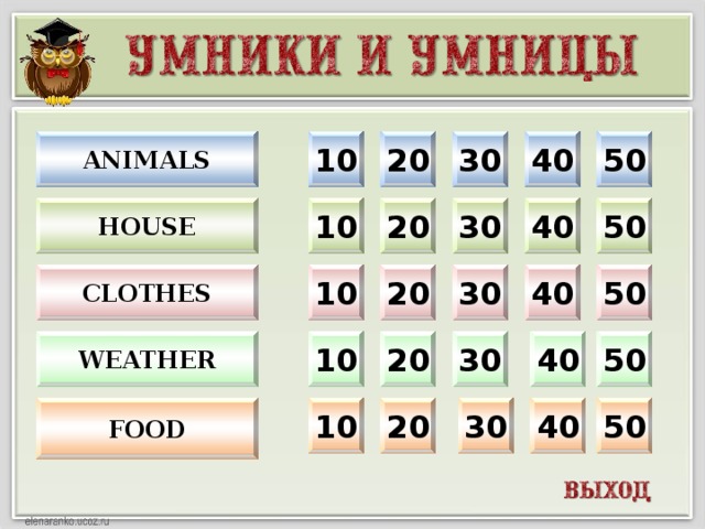 10 30 40 50 ANIMALS 20 10 20 30 40 50 HOUSE CLOTHES 10 50 40 30 20 WEATHER 20 50 40 30 10 20 30 40 50 10 FOOD