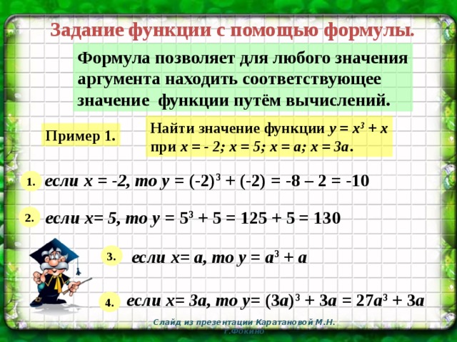 Задание функции с помощью формулы. Формула позволяет для любого значения аргумента находить соответствующее значение функции путём вычислений. Найти значение функции y = x 3 + x при х = - 2; х = 5; х = а; х = 3а . Пример 1. если х = -2, то у = (-2) 3 + (-2) = -8 – 2 = -10 1. если х= 5, то у = 5 3 + 5 = 125 + 5 = 130 2. если х= а, то у = а 3 + а  3. если х= 3а, то у = (3 а ) 3 + 3 а = 27 а 3 + 3 а 4. Слайд из презентации Каратановой М.Н. г.Фокино