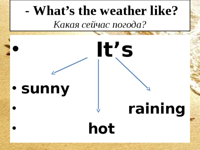 - What’s the weather like?  Какая сейчас погода?  It’s