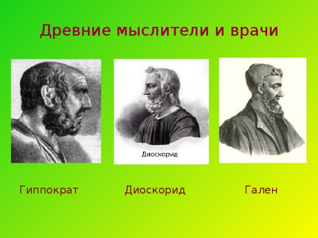 Древние мыслители и врачи Гиппократ Диоскорид Гален 10