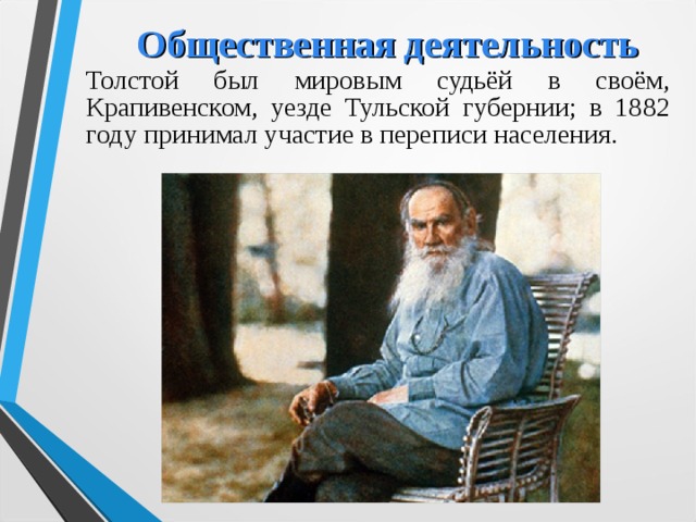 Общественная деятельность Толстой был мировым судьёй в своём, Крапивенском, уезде Тульской губернии; в 1882 году принимал участие в переписи населения.