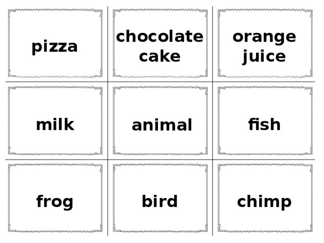 chocolate cake orange juice pizza milk fish animal frog bird chimp