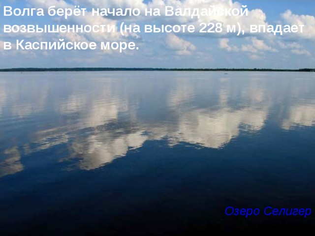 Волга берёт начало на Валдайской возвышенности (на высоте 228 м), впадает в Каспийское море.           Озеро Селигер