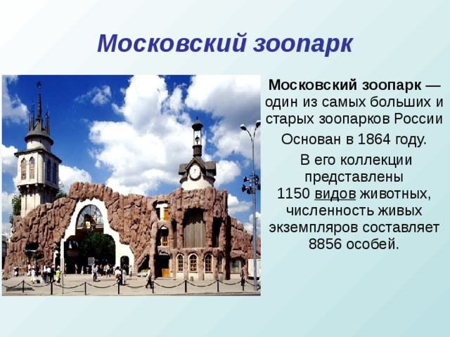 Московский зоопарк Московский зоопарк  — один из самых больших и старых зоопарков России Основан в 1864 году.  В его коллекции представлены 1150  видов  животных, численность живых экземпляров составляет 8856 особей.